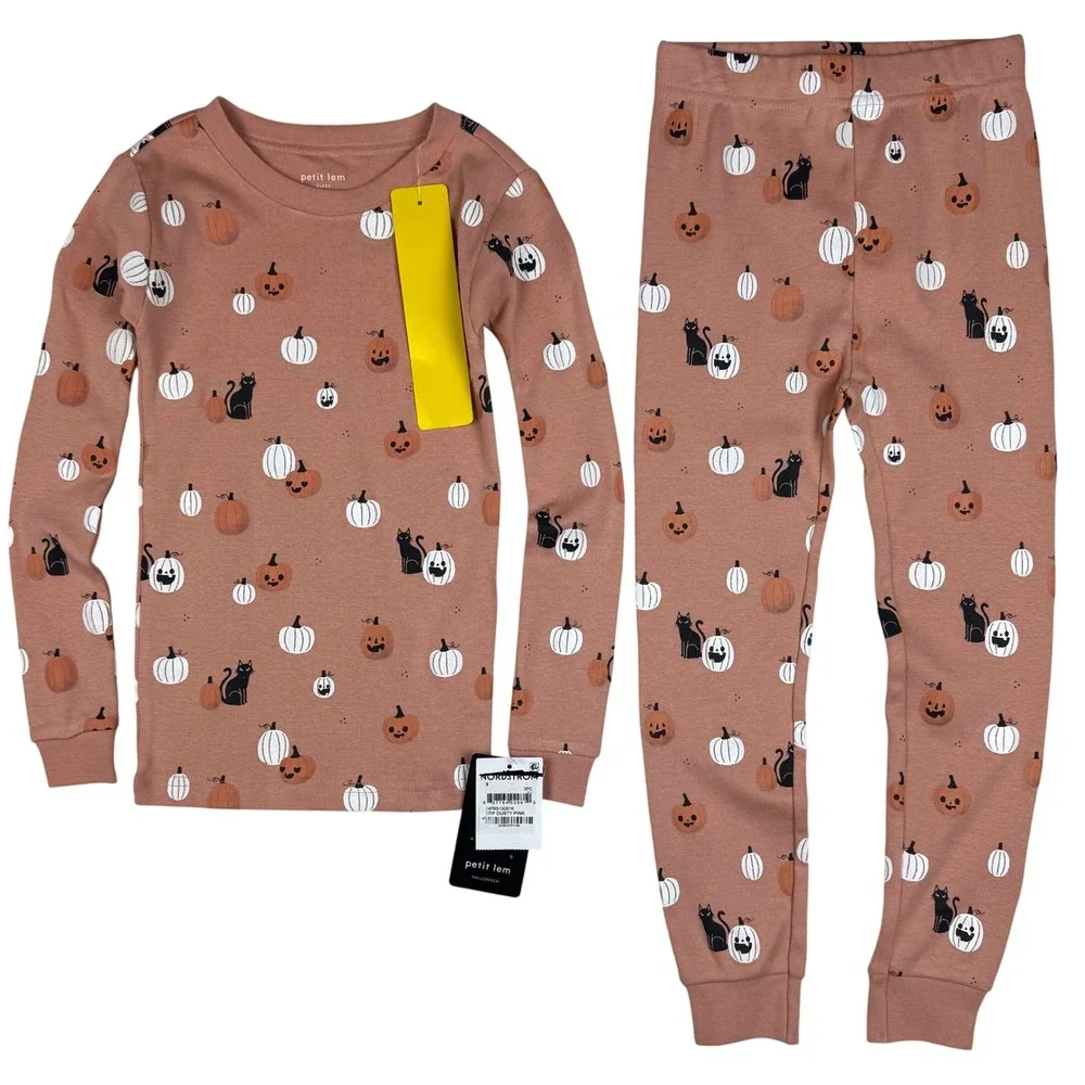NWT Petit Lem Pajamas Halloween Glow Pumpkin Cat Kid 5 Dusty Pink Organic Cotton